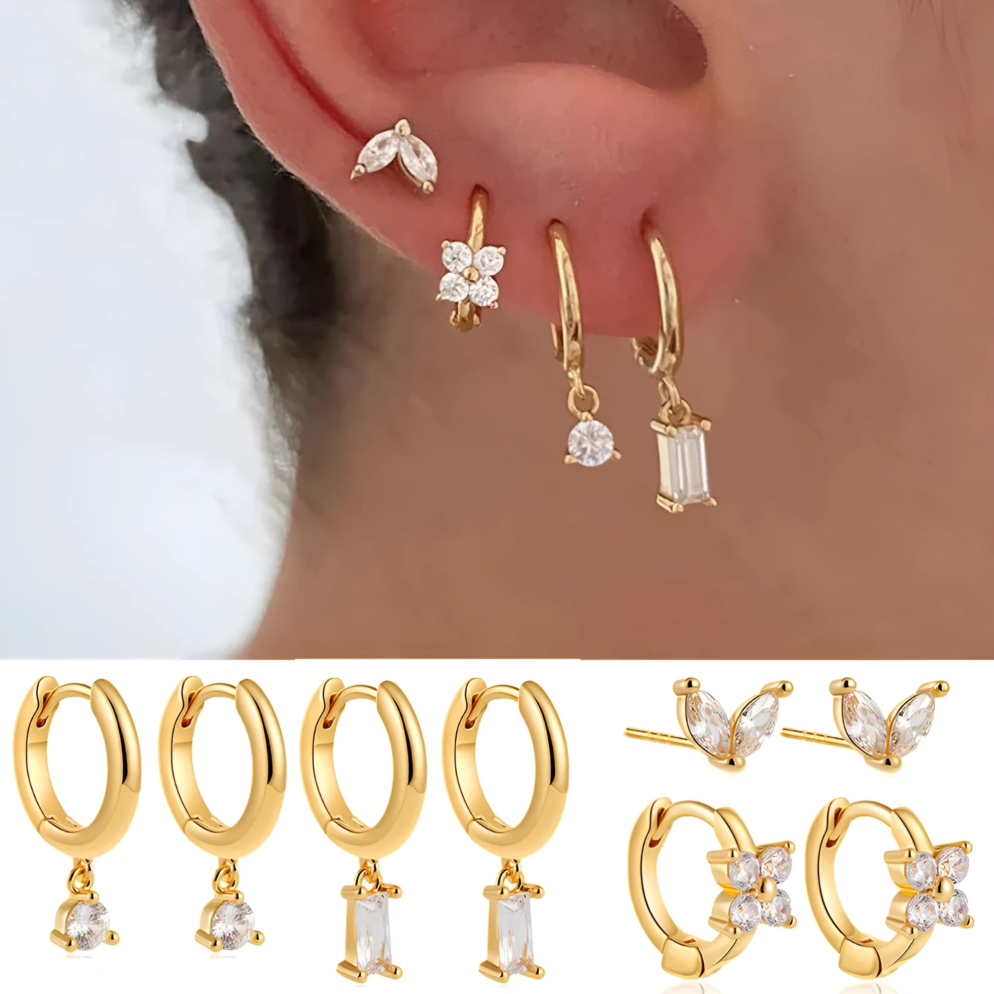 Geometric square zircon copper earrings for women in four-piece set with gold electroplated finish showing star and quadrilateral designs