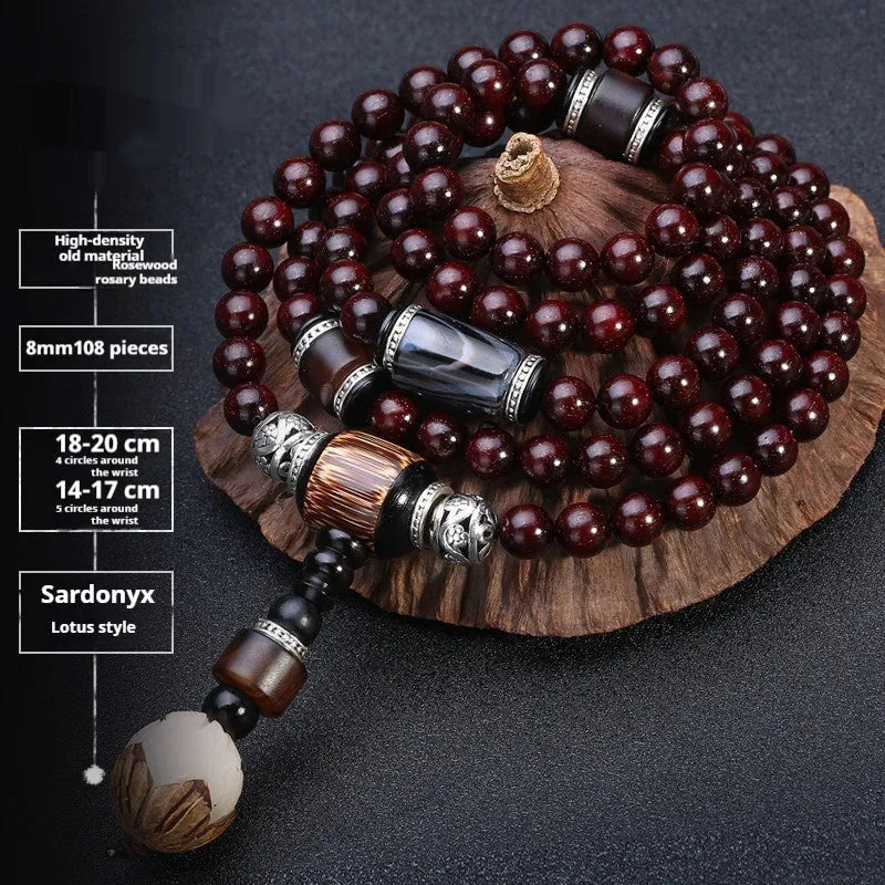 Men's rosewood 108 bead mala bracelet with a turquoise gemstone decorative centrepiece.