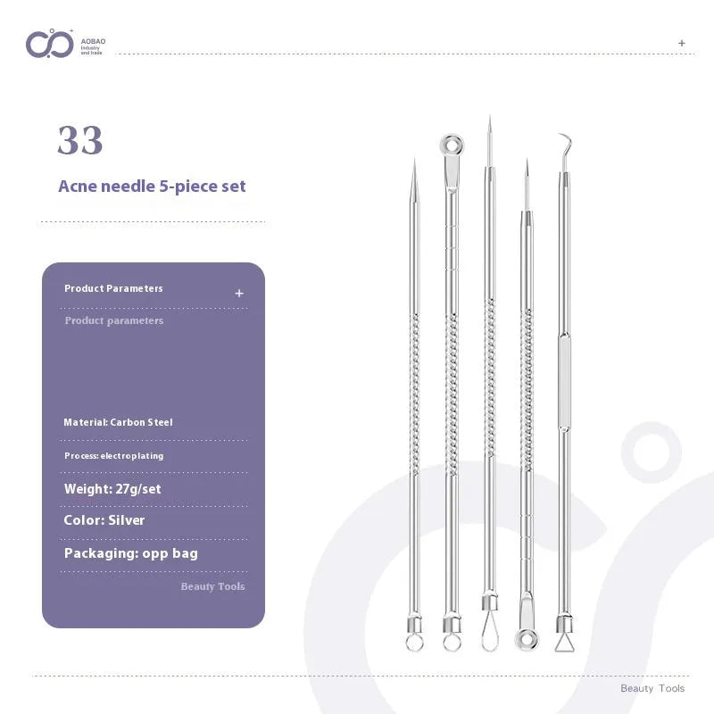 Four silver metal acne needles with pointed tips laid out on a flat surface.