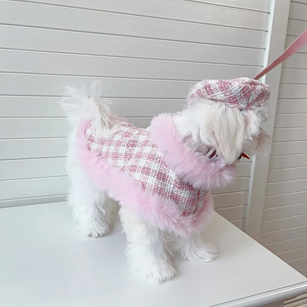 Female pink cat costume set with cape, beret, and hand holding rope for events