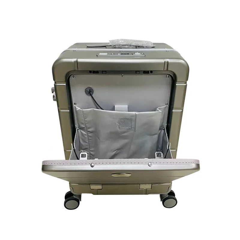 20-inch front opening suitcase in multiple colours showing wet-dry compartments and cup holder.