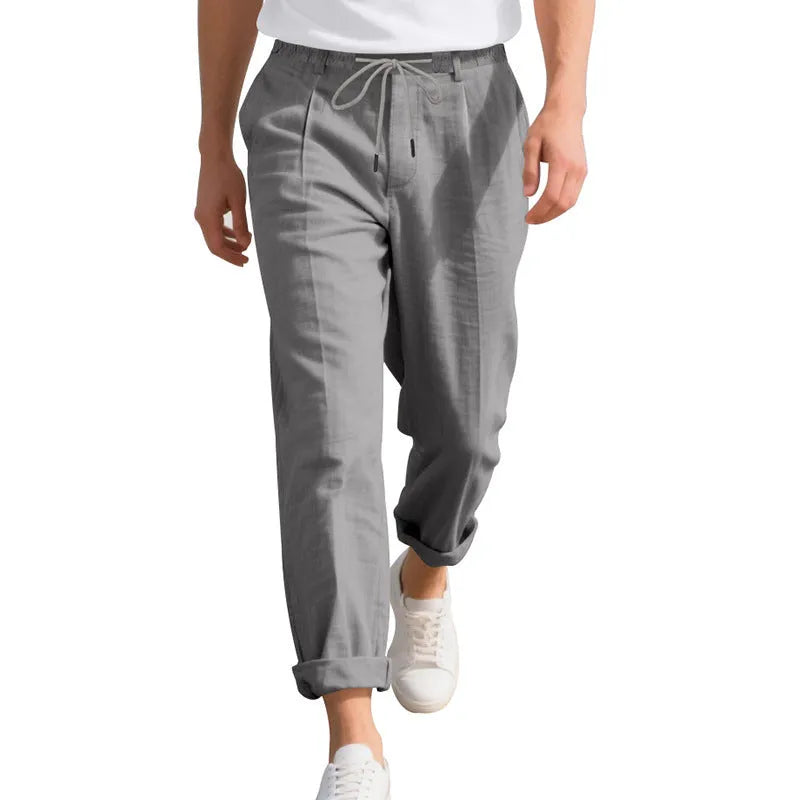 Men's straight leg linen trousers with drawstring waist in light khaki colour