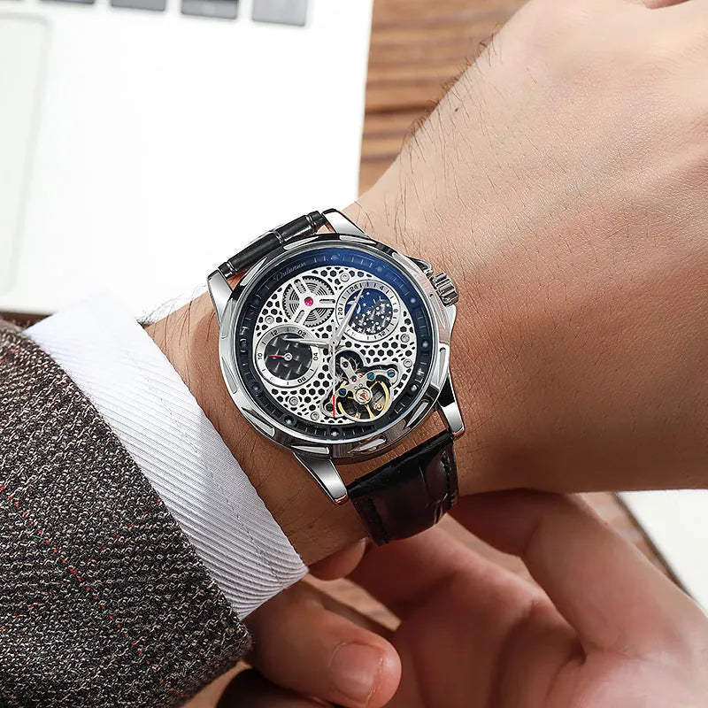 Men's automatic business watch with luminous dial and choice of steel or leather strap in black or white
