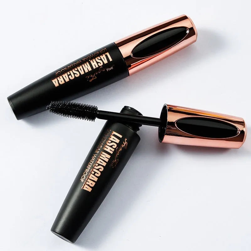 Black waterproof and sweat-proof mascara tube for long-lasting, smudge-resistant volume and curl.