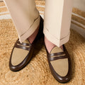 Coffee grey Belgian loafers with high-gloss suede leather uppers and rubber soles
