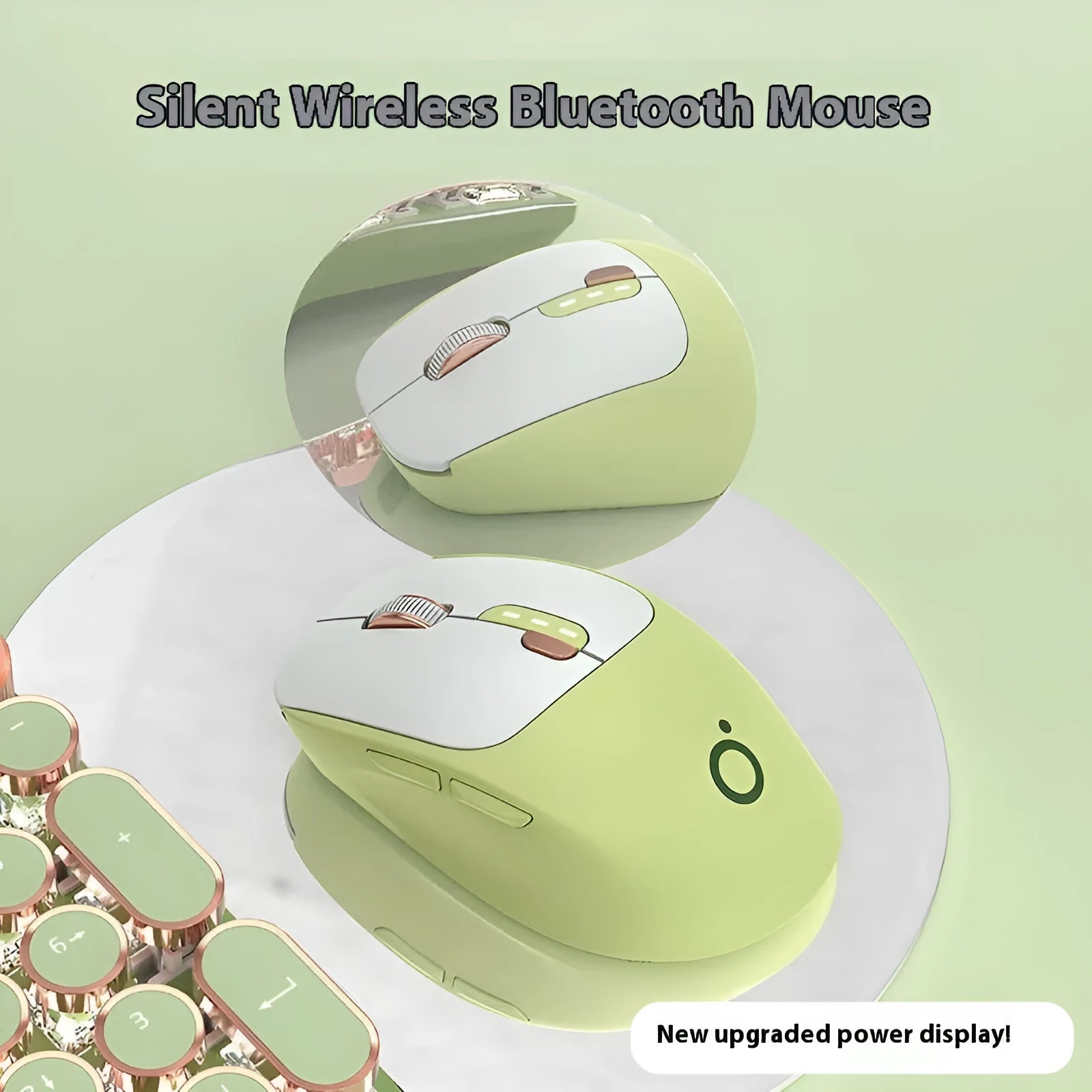 Mute wireless computer mouse in matcha green colour showing compact 110mm size with five buttons