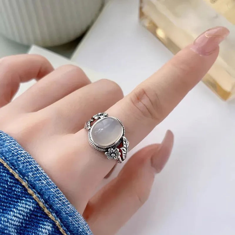 Adjustable copper vintage ring with white chalcedony style colour and U-shaped open mouth design