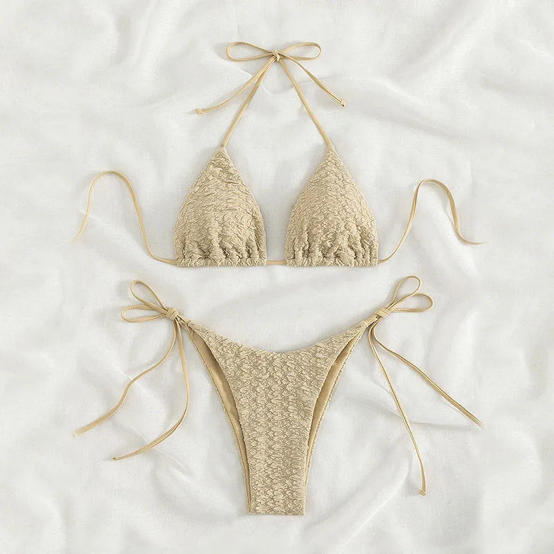 Women's khaki high waist bikini with lace-up detail on the shorts and a sleeveless top.