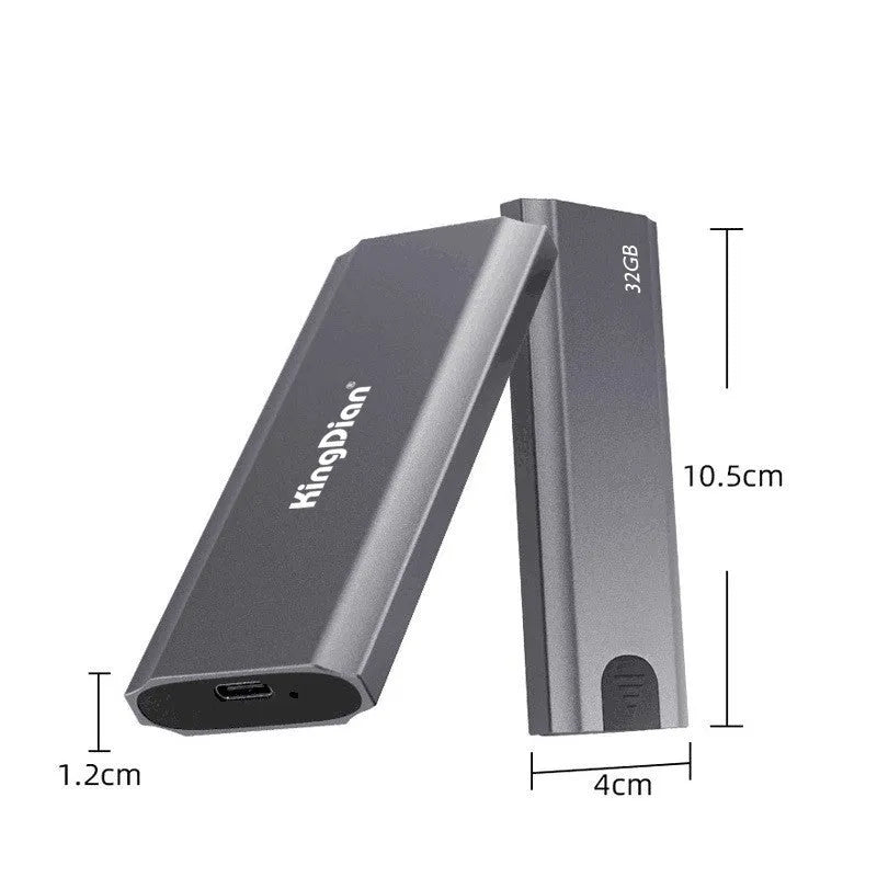 Grey aluminium mobile solid state drive with USB 3.0 connector for phone storage expansion.