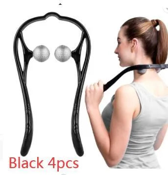 Plastic handheld neck and shoulder massager with adjustable width and roller head in pink, blue, and green colours.