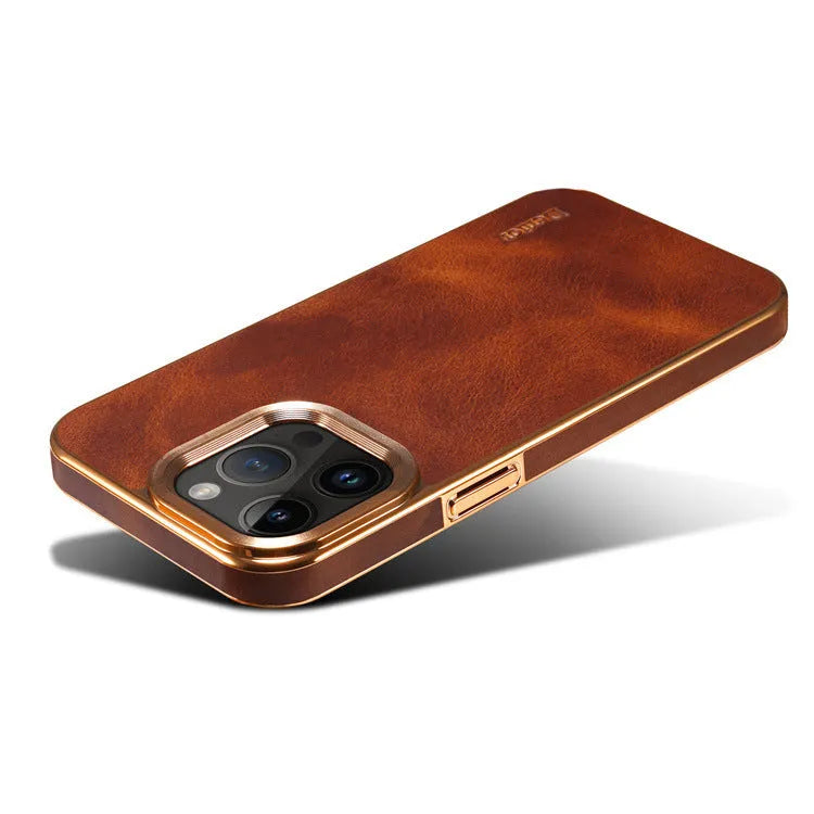 Handmade vintage leather iPhone case in black showing slim profile and precise port openings