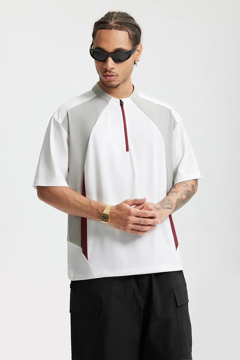 Men's solid colour lightweight polyester casual top shown in black and beige, available in long sleeve and short sleeve styles.