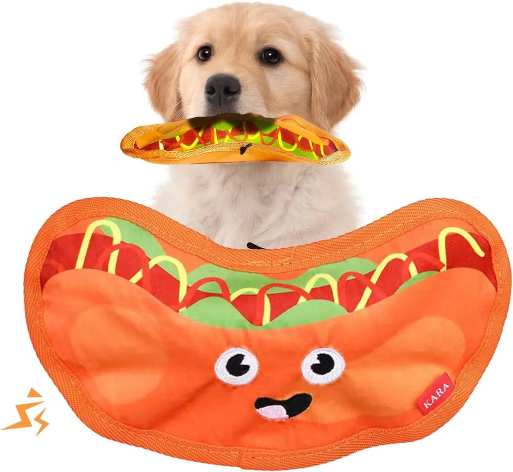 Food-shaped dog chew toys including hamburger, fries, hot dog and pizza designs with crinkle and squeak features