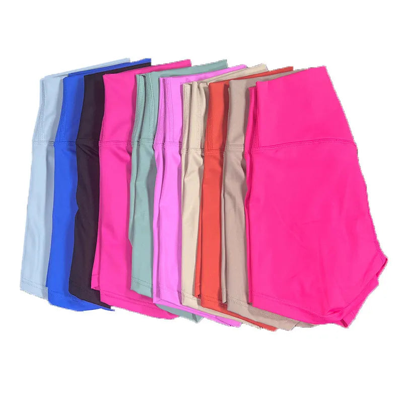 Women's high-waisted yoga shorts in nylon fabric, available in multiple colours