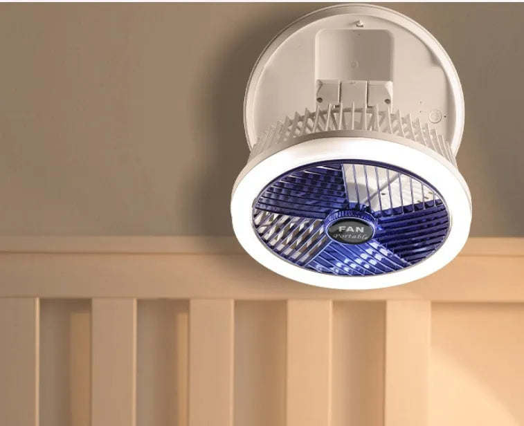 Blue foldable USB desk fan with LED light shown in wall-mounted and desk positions