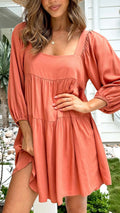 Children's square collar backless dress with puff sleeves and A-line skirt in light blue and orange red options