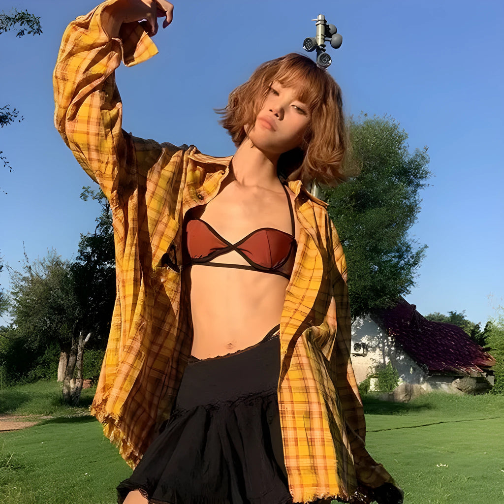 Loose fit dopamine yellow plaid shirt with cardigan styling in polyester blend fabric