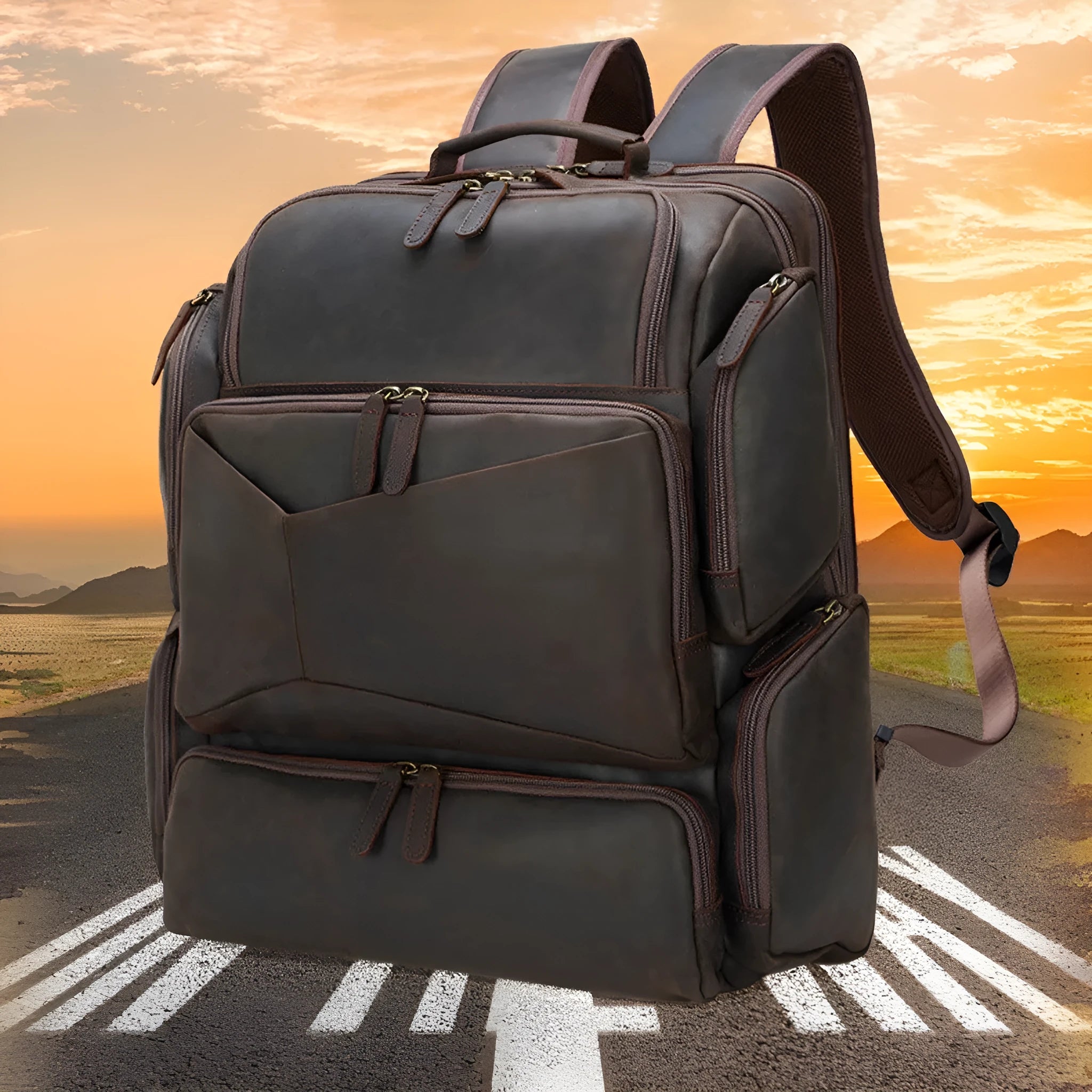 Dark brown leather backpack with 17-inch computer compartment and organisational pockets