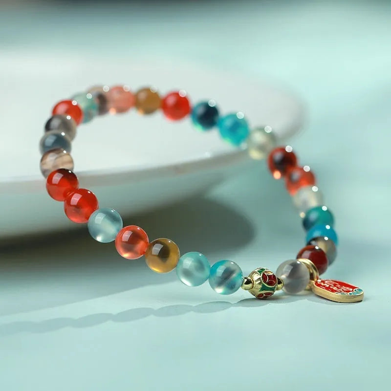 Natural colourful sugar heart agate bracelet with traditional Chinese symbols and copper coin elements on snake chain