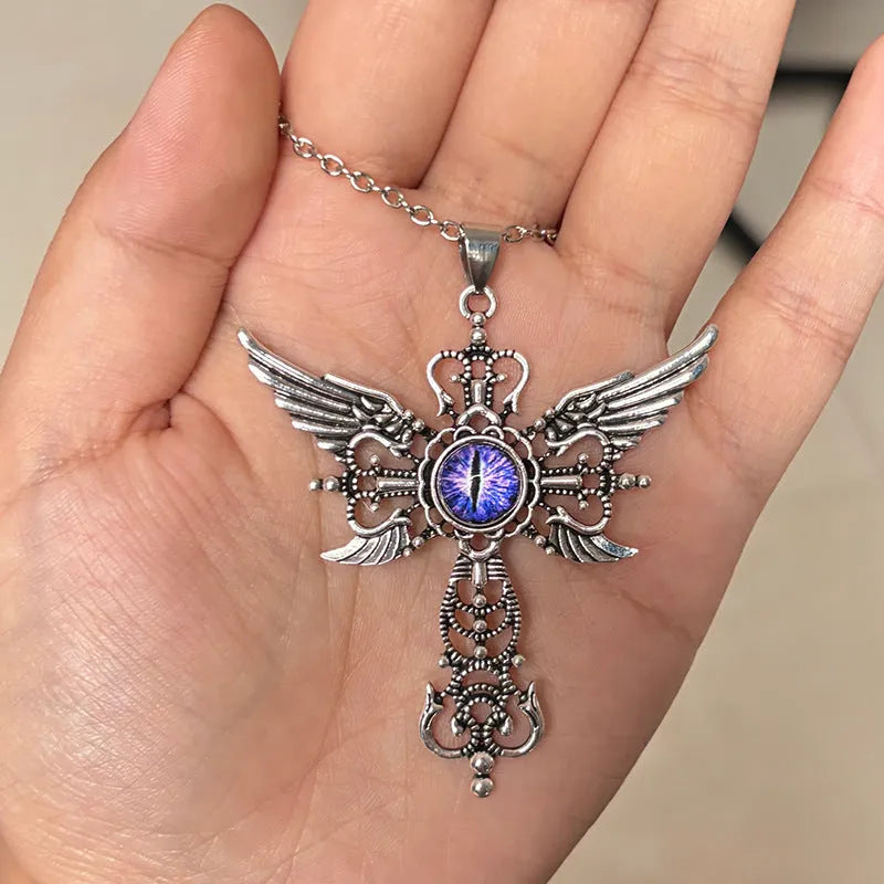 Creative geometric devil wings cross pendant necklace in alloy with multiple colour options