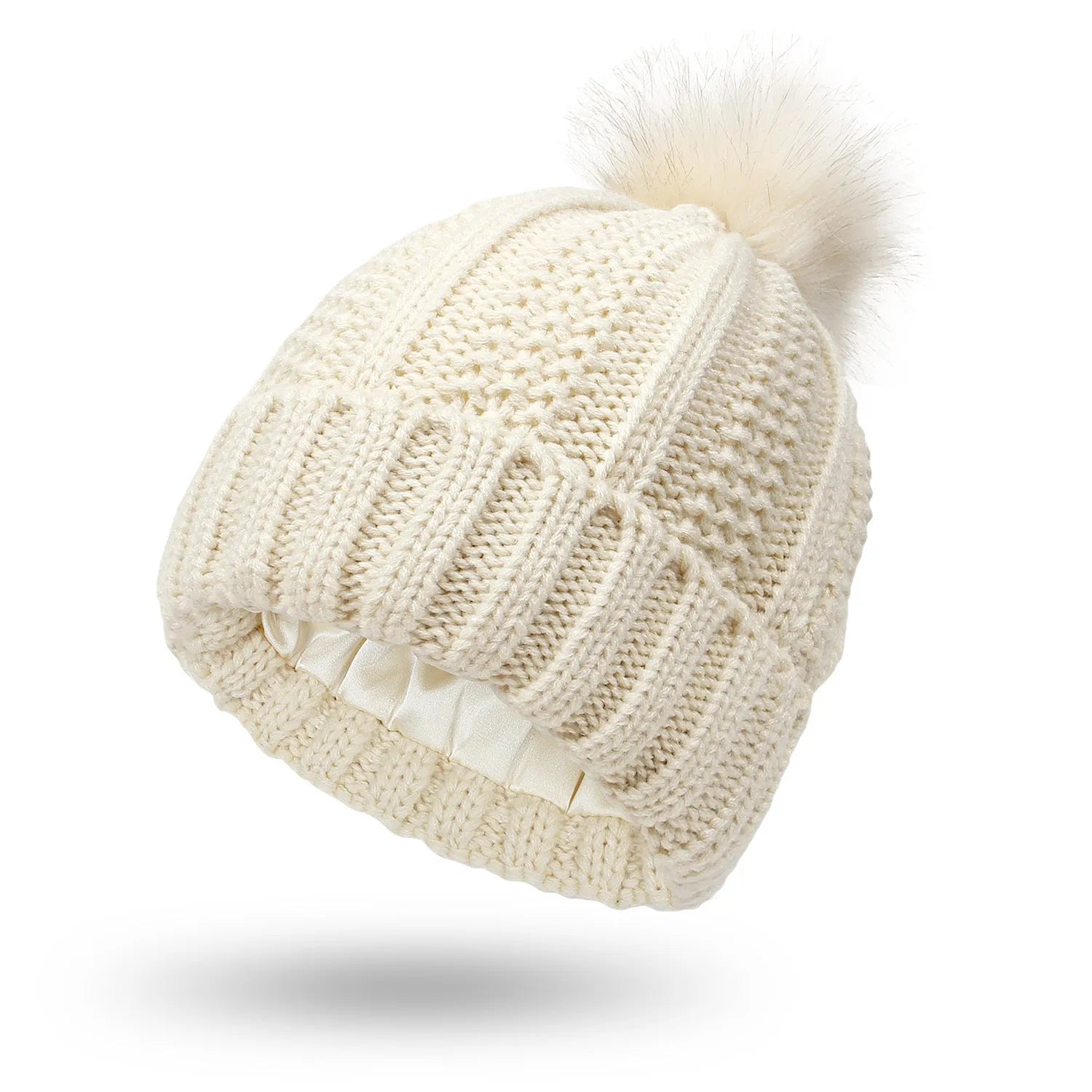 Wool knitted beanie hat with satin lining and faux fur pom pom in beige colour