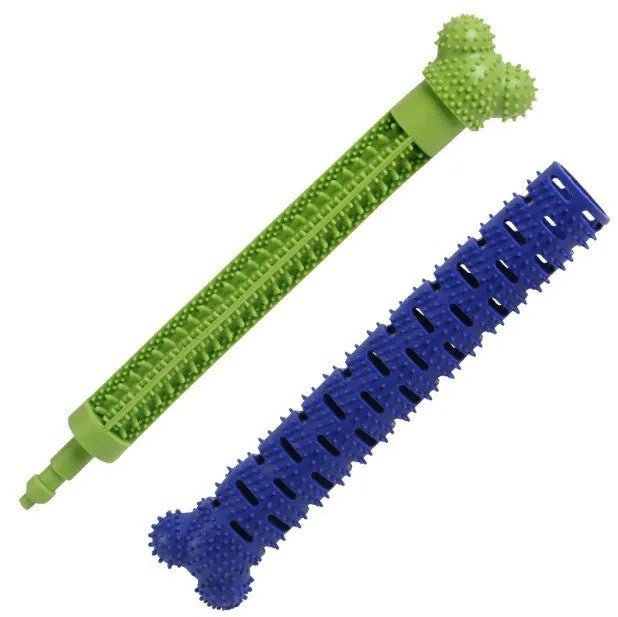 Blue and green dog dental chew toy with brush head texture and massage nodules, 25cm long