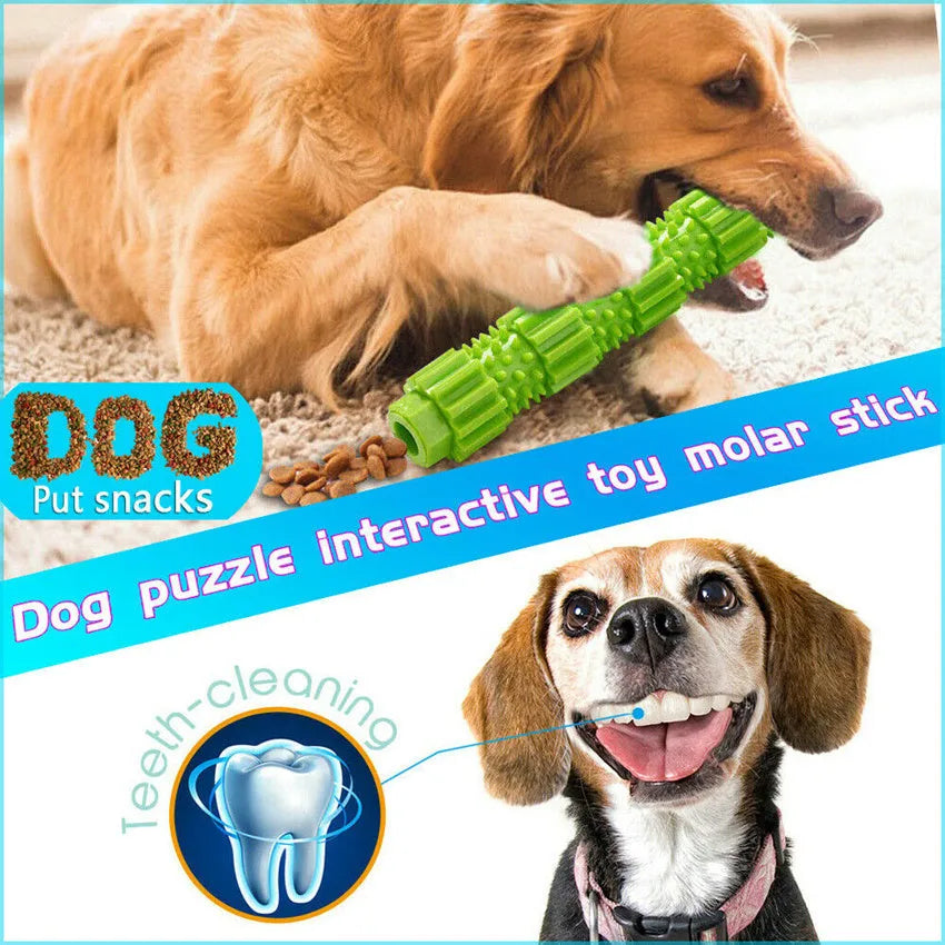 Green and orange durable rubber dog chew toy with treat-dispensing hole for aggressive chewers.