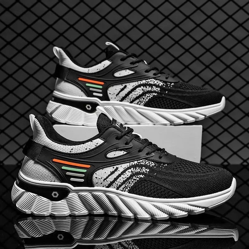 Men's platform casual sports shoes in black with cross shoulder straps and mesh upper