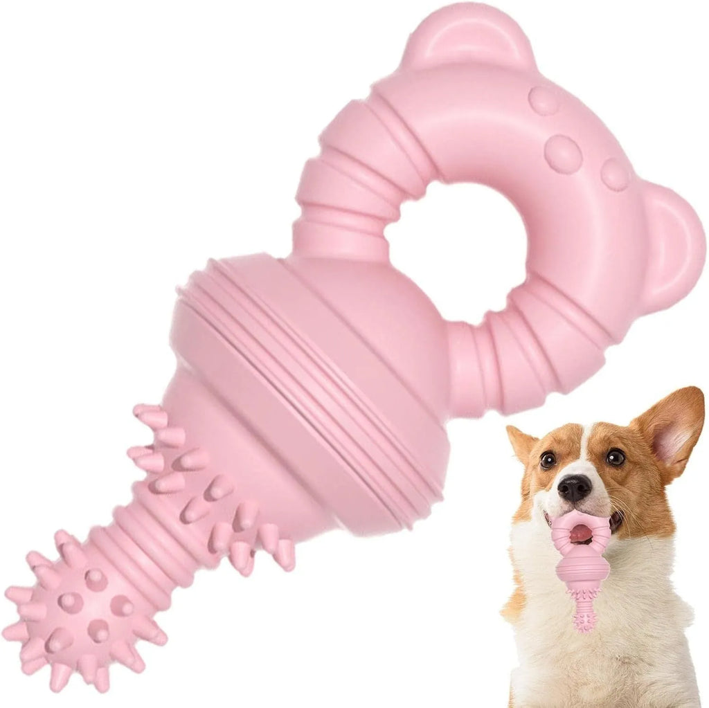 Blue rubber bell-shaped dog chew toy with textured surface for teeth cleaning