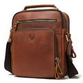 Men's brown crazy horse leather crossbody bag with sewing line detail and single shoulder strap.