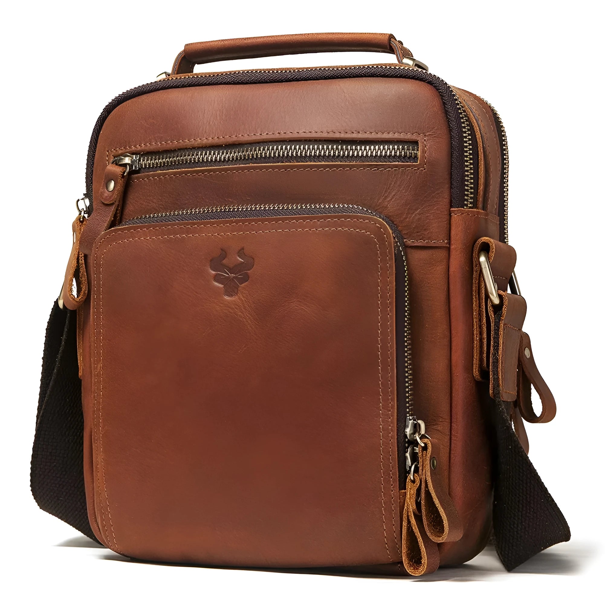 Men's brown crazy horse leather crossbody bag with sewing line detail and single shoulder strap.