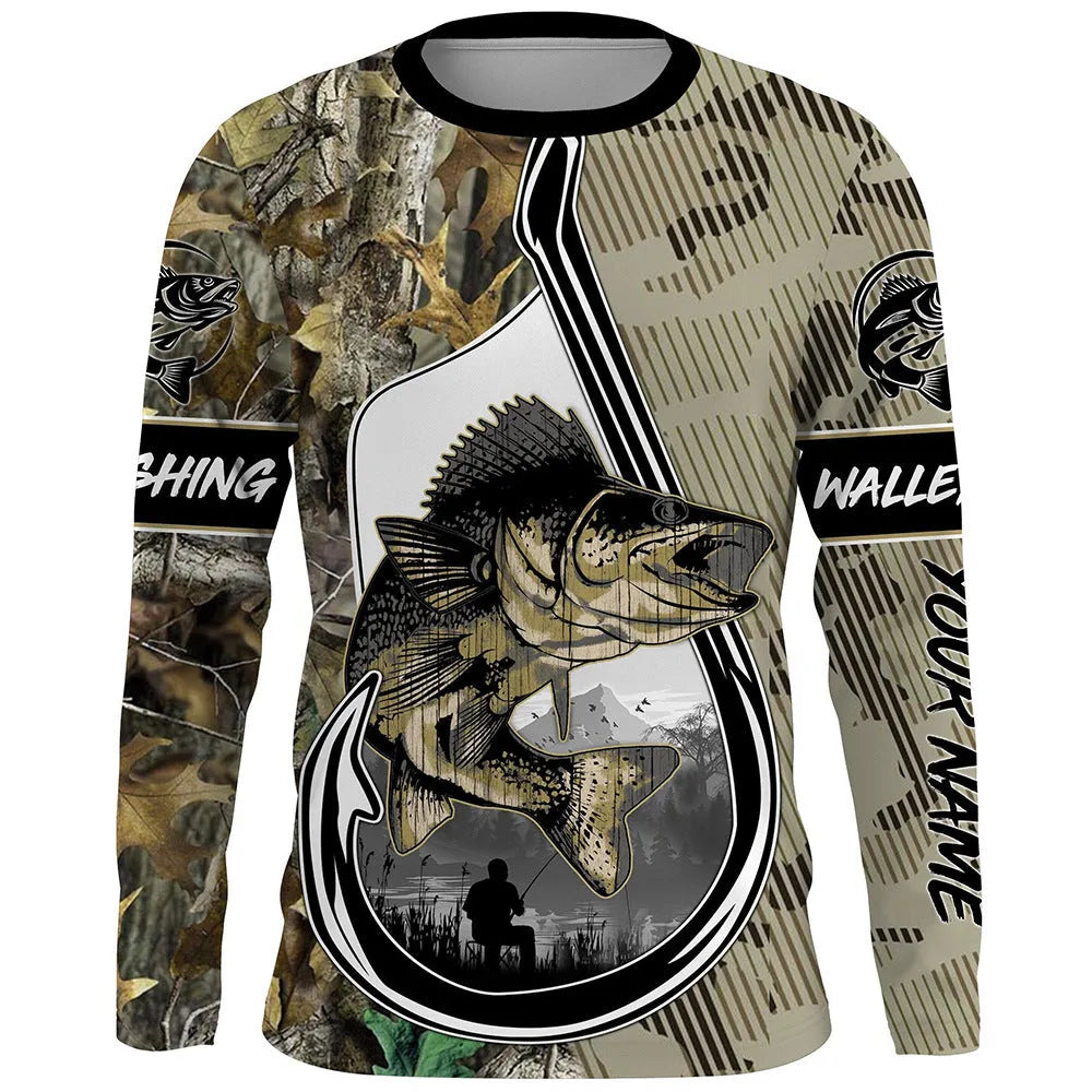 Men's grey round neck long-sleeve top with a large printed blue and orange fish graphic on the front.