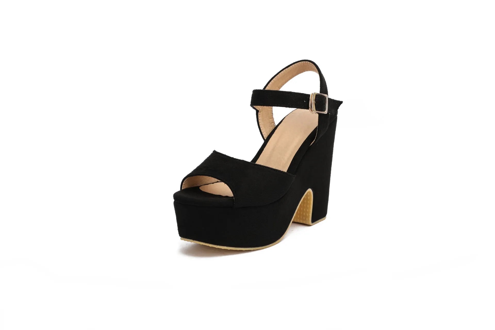 Black plus size platform sandals with ankle strap and open toe suede design