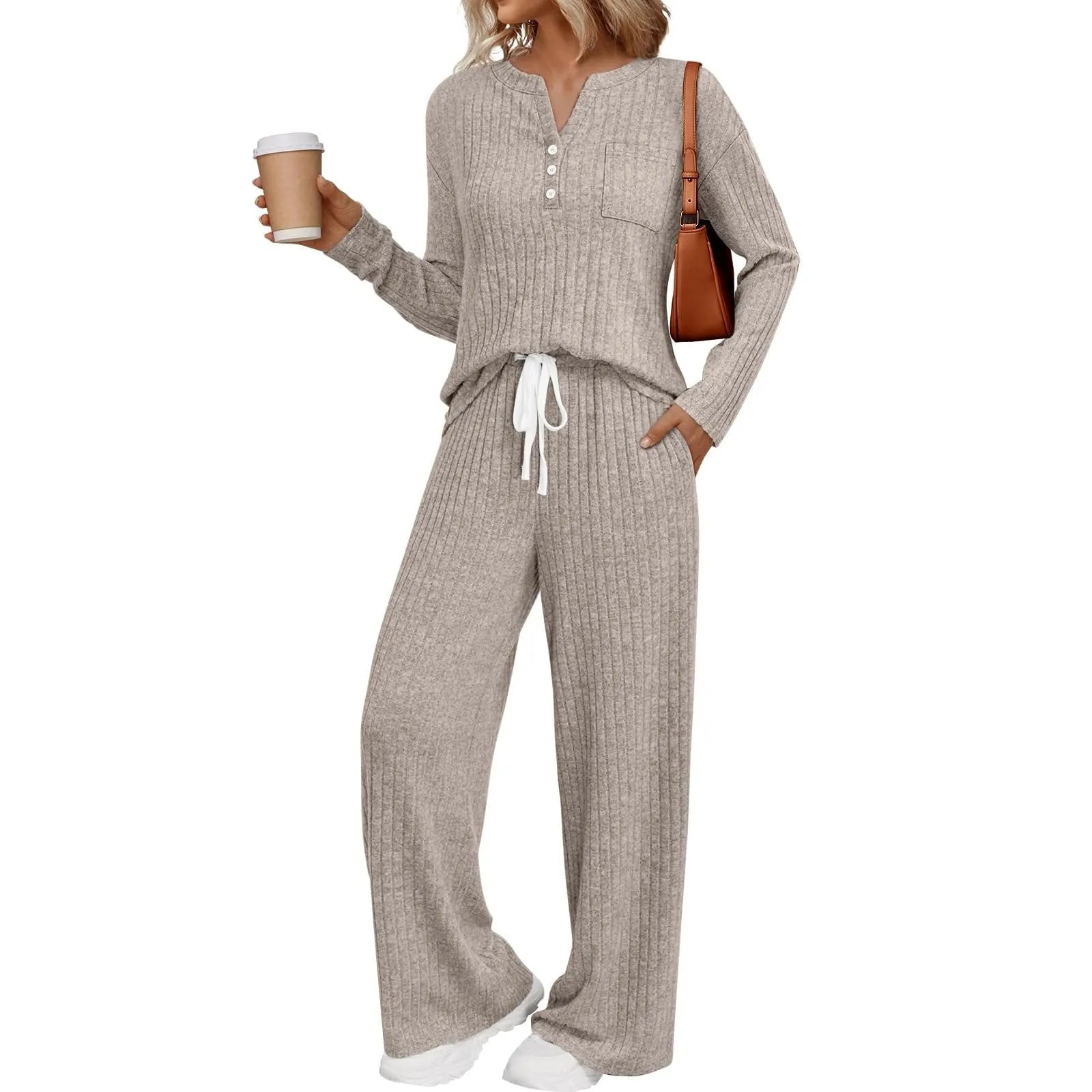 Women's striped knit V-neck long coat in light grey with matching pants, showing lace-up details