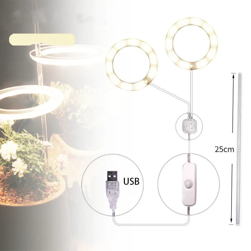USB-powered LED plant grow light with full spectrum yellow LEDs, acrylic mounting stick, in pink/white colour.