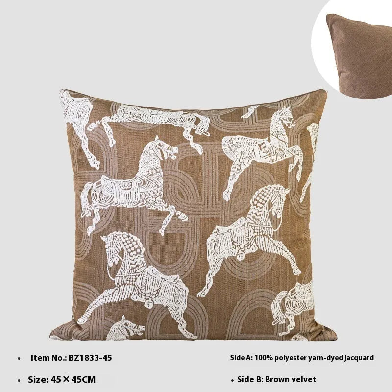 Square Chinese ancient style decorative cushion with a geometric pattern in a brown Maillard colour on a grey sofa.