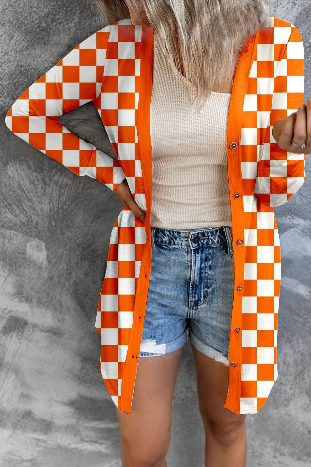 Women's long loose knitted cardigan coat with plaid contrast color pattern in street fashion style