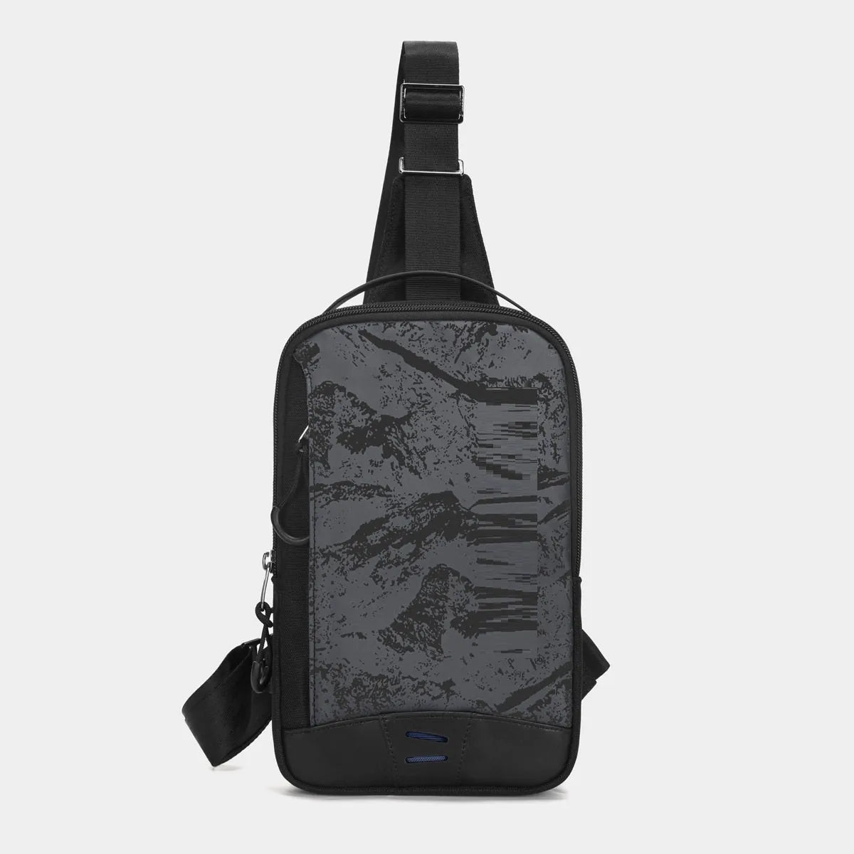 Casual black camouflage pattern insulated chest bag with a single strap and waterproof TPU exterior.
