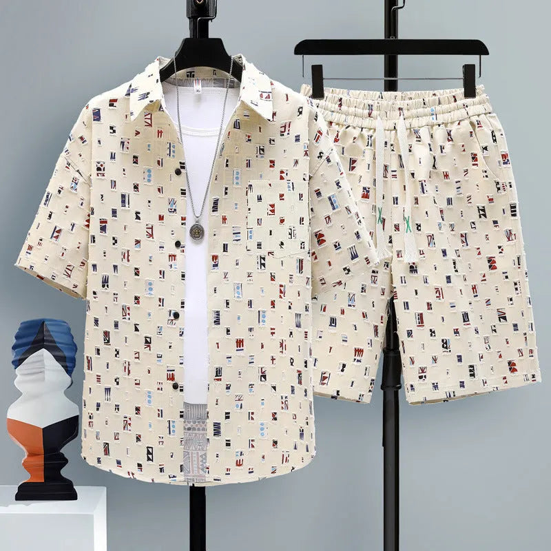 Men's casual sportswear two-piece set with short sleeve top and matching shorts in polyester fabric