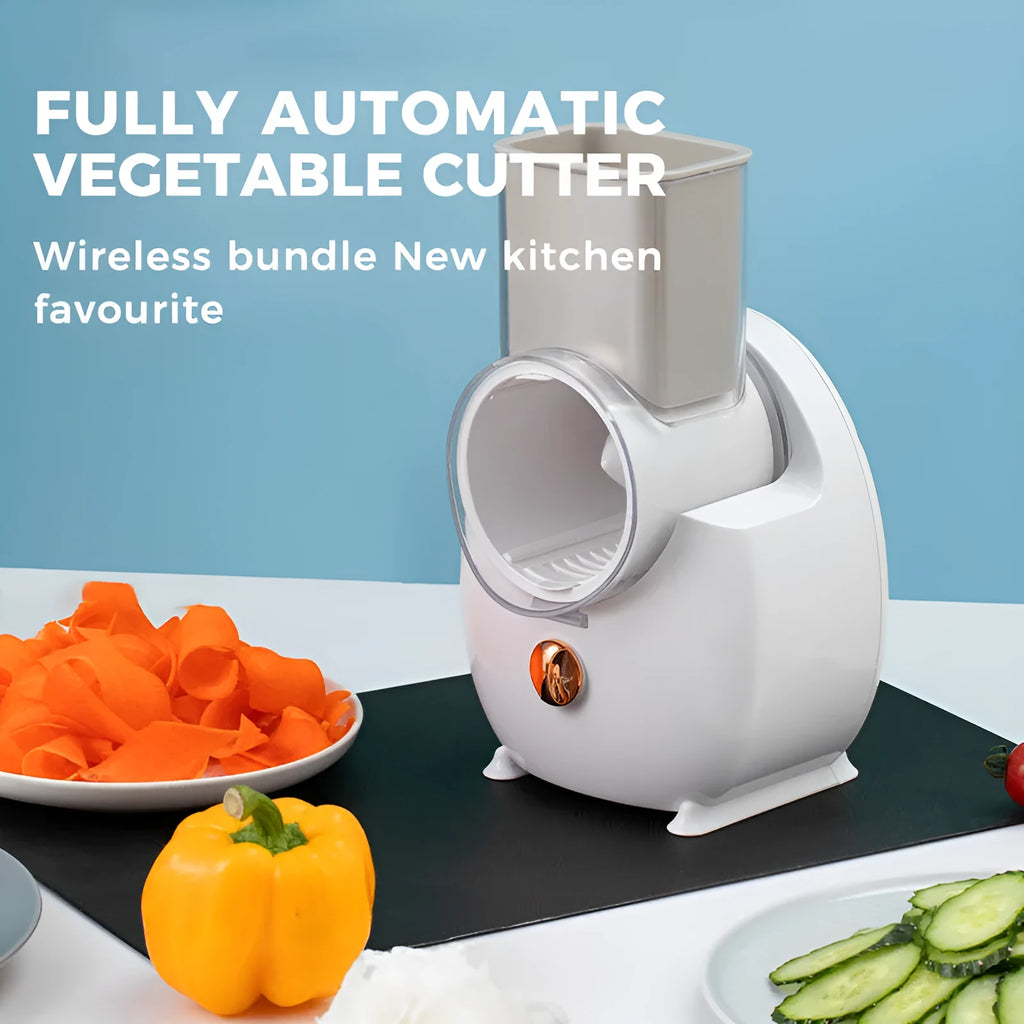 White electric vegetable slicer with rotary grater and multifunctional cutting blades for potatoes and carrots