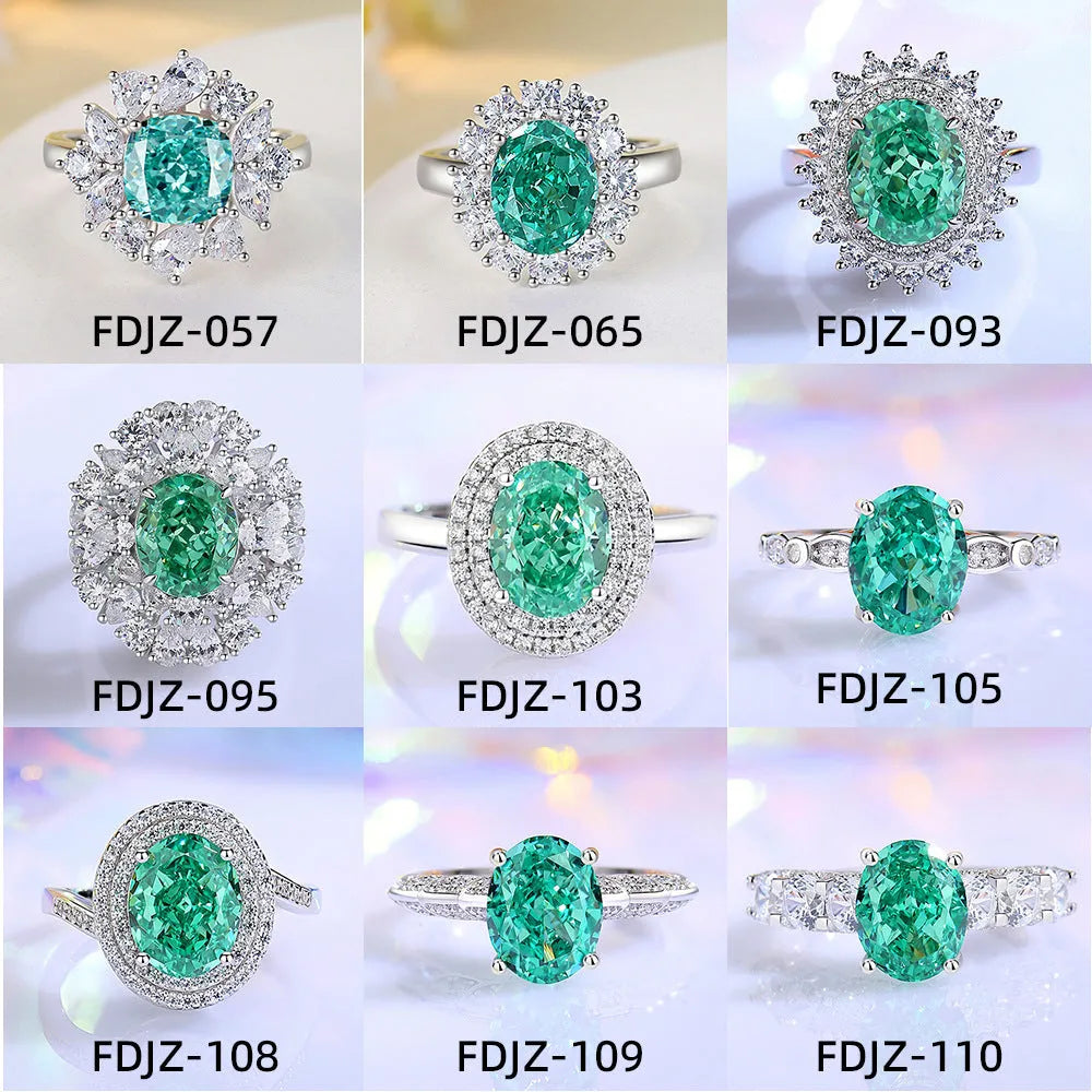 Geometric women's S925 silver ring with an elliptical emerald and Palaibahao high-carbon diamond inlay.