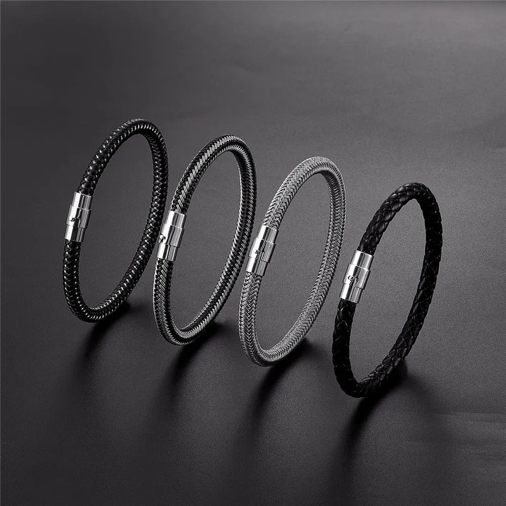 Titanium steel geometric wire bracelet with a magnetic clasp shown in various sizes.