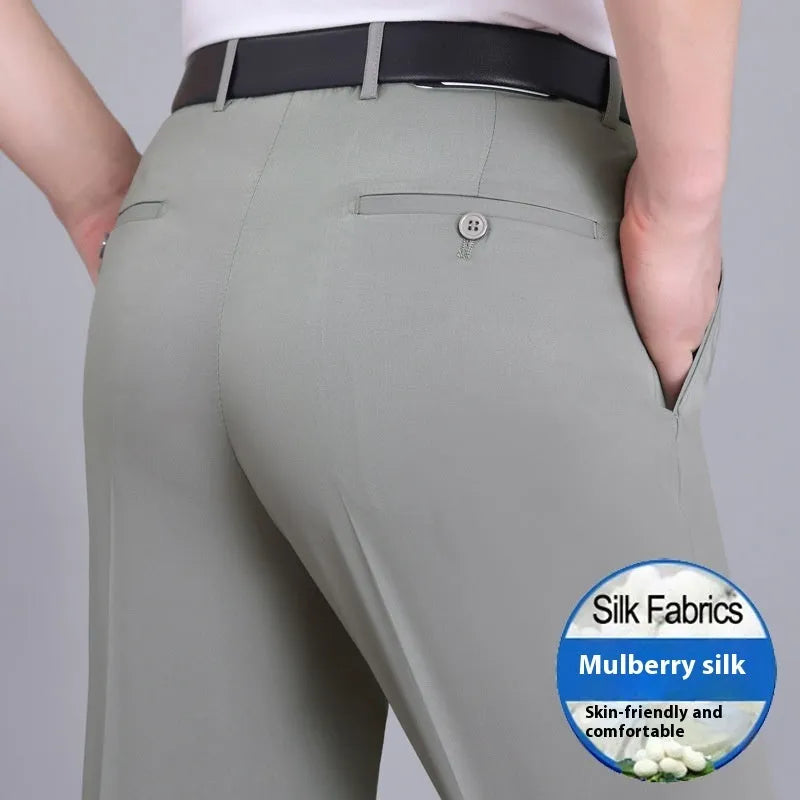 Men's straight fit mulberry silk blend business trousers with high waist in dark blue colour