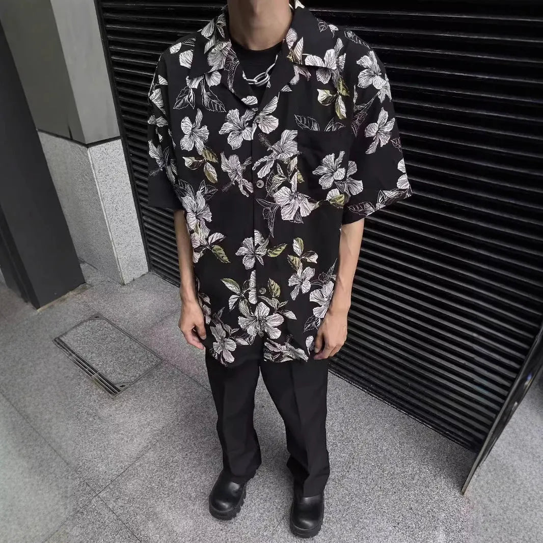 Men's black ice silk shirt with Cuban collar and flower pattern for summer casual wear