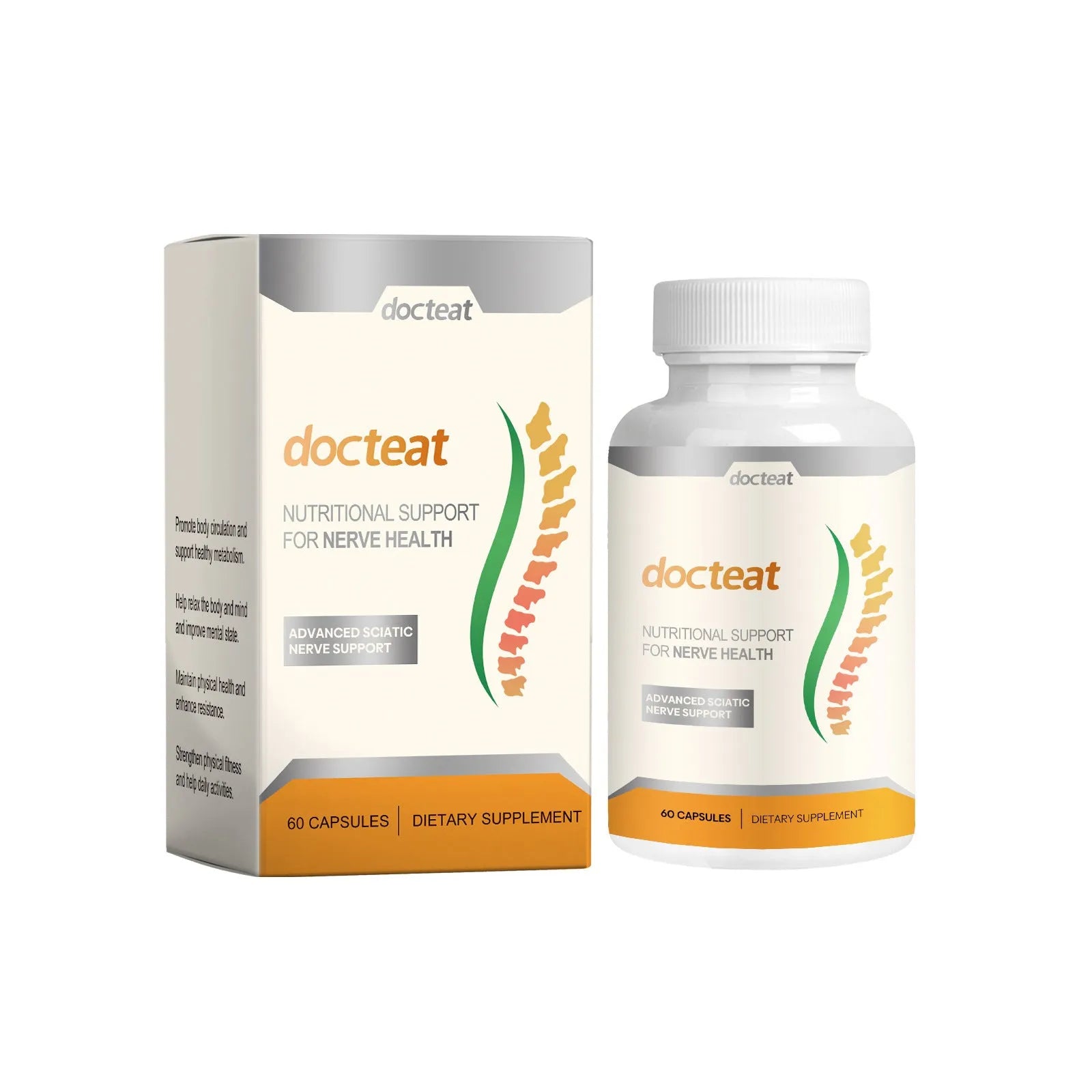 DOCTEAT body care adhesive wrap bottle containing 60 capsules for joint and muscle support.