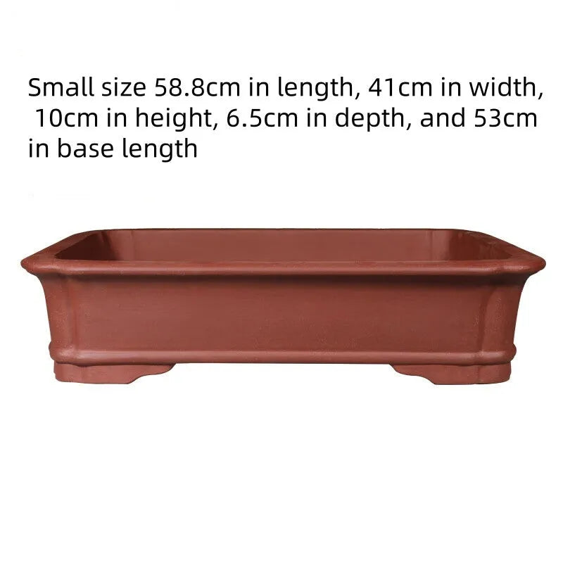 Rectangular purple clay flowerpot showing traditional handmade construction with multiple size options