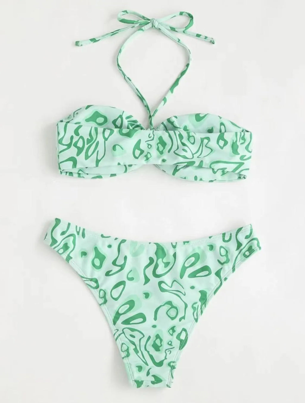 Women's floral bandeau bikini swimsuit set in blue colour with split design