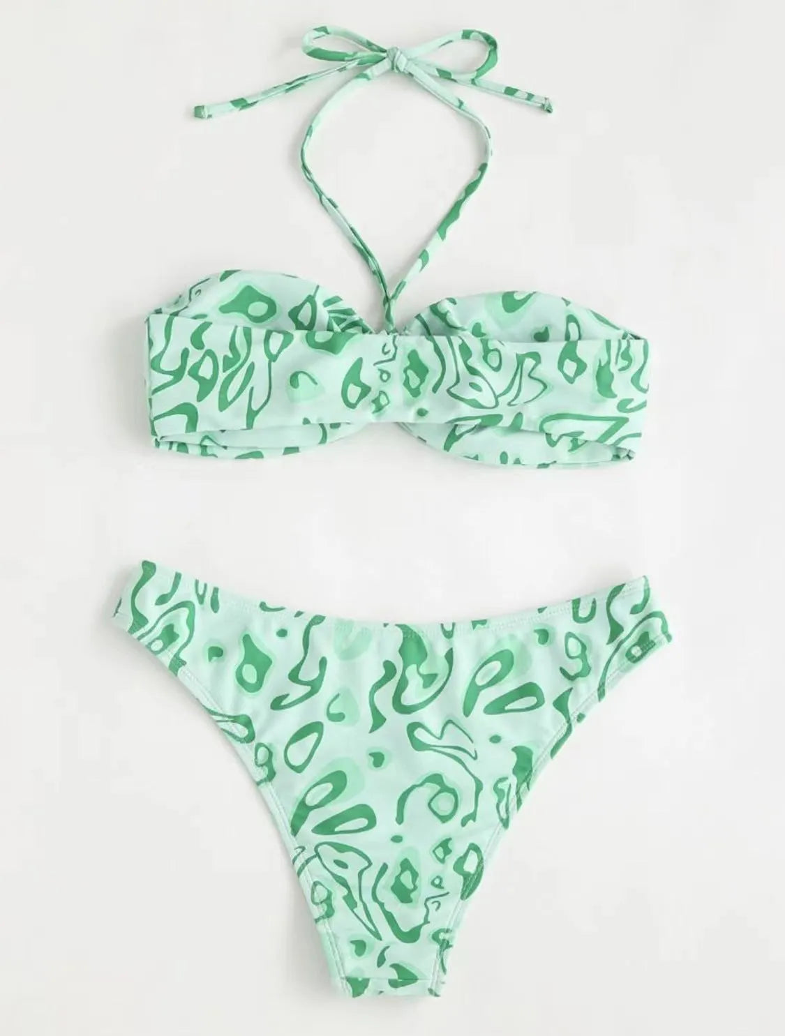 Women's floral bandeau bikini swimsuit set in blue colour with split design