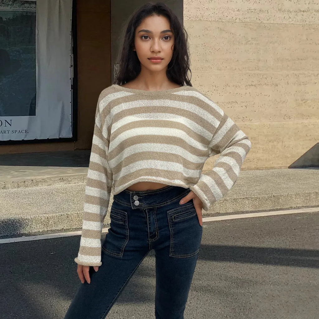 Striped long-sleeved cotton sweater with front and back wearable design and exposed navel detail