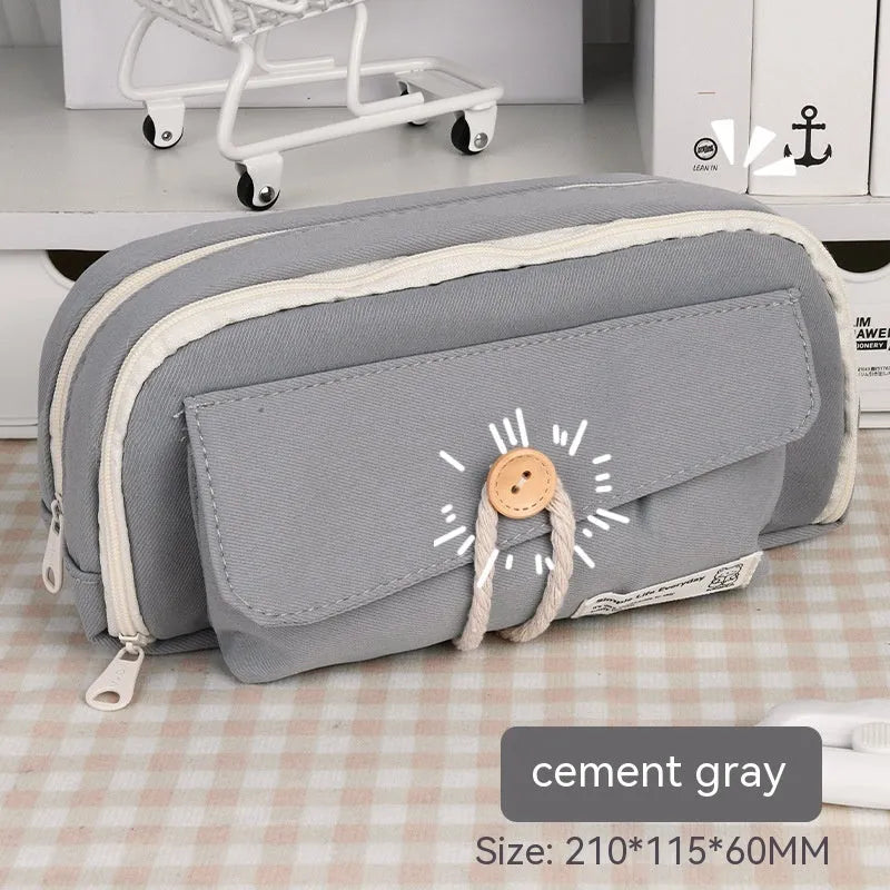 Canvas pencil case in green colour showing large capacity design for student stationery organisation